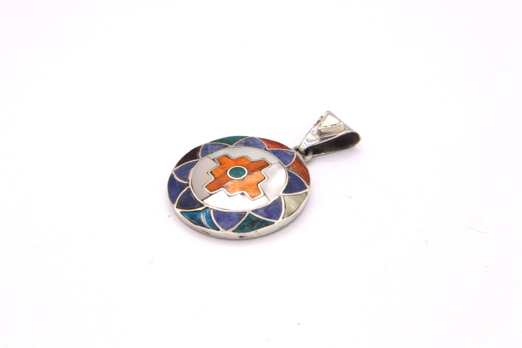 Chakana Flower Mandala Silver Inlay Pendant