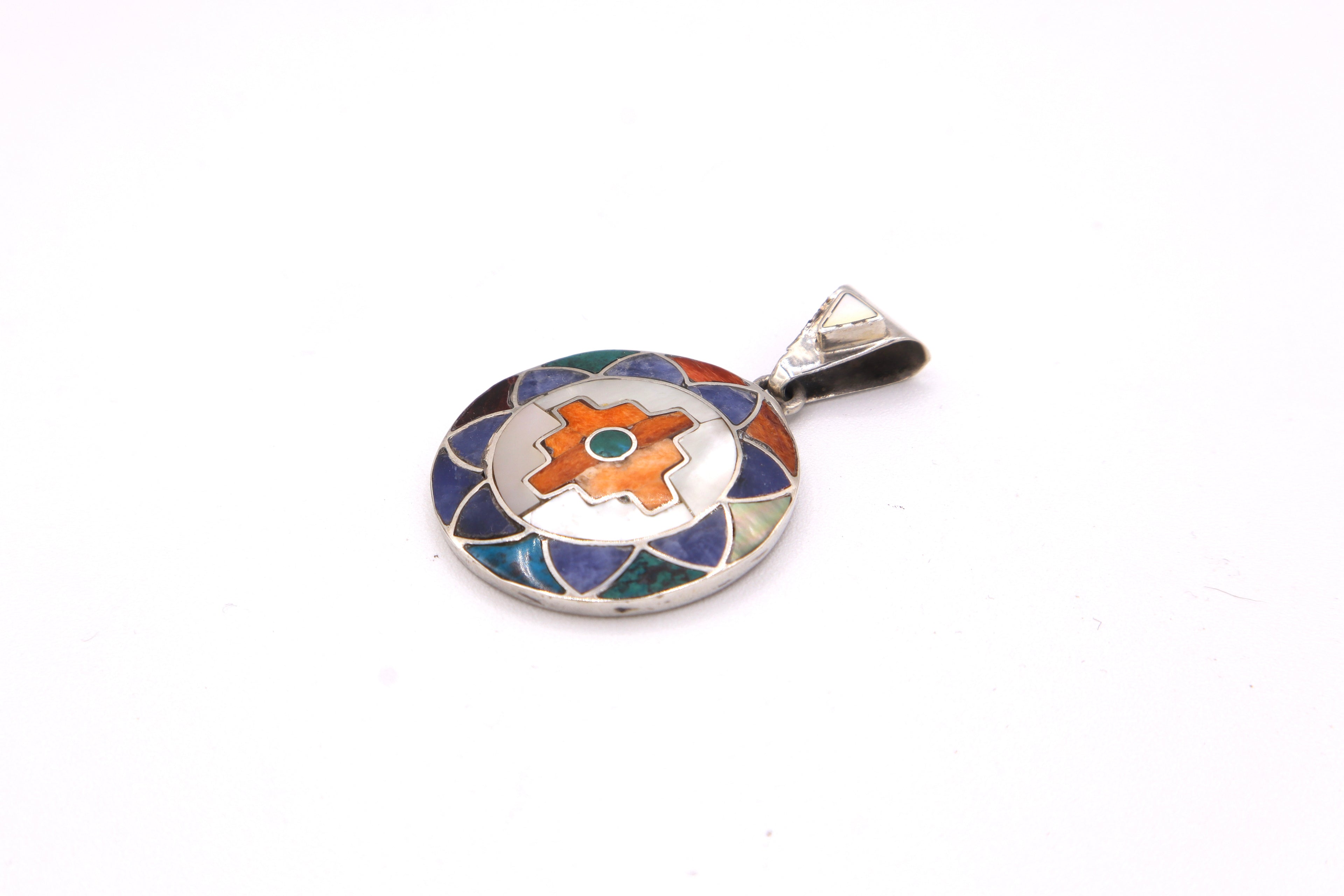 Chakana Flower Mandala Silver Inlay Pendant