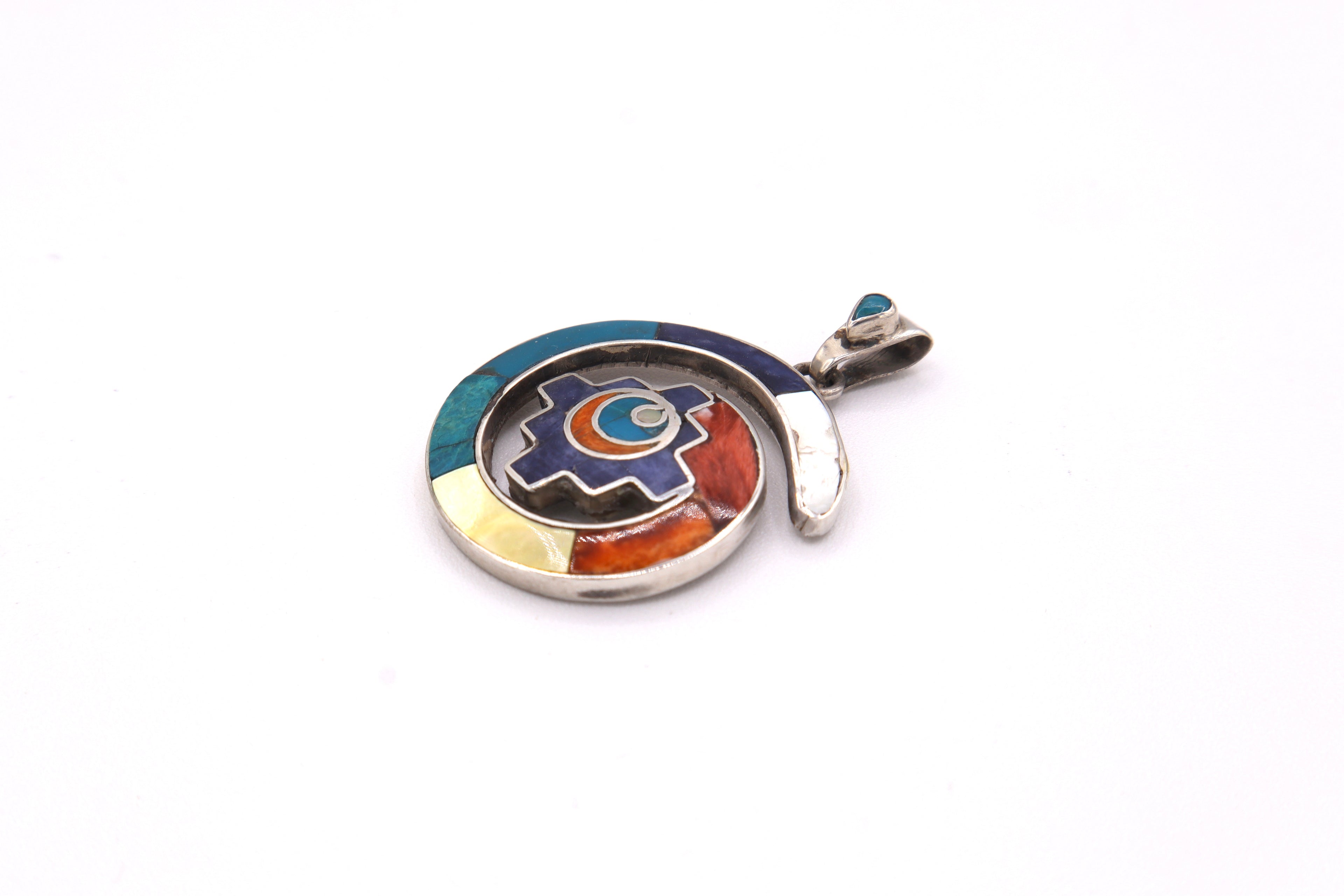 Chakana Spiral Silver Inlay Pendant