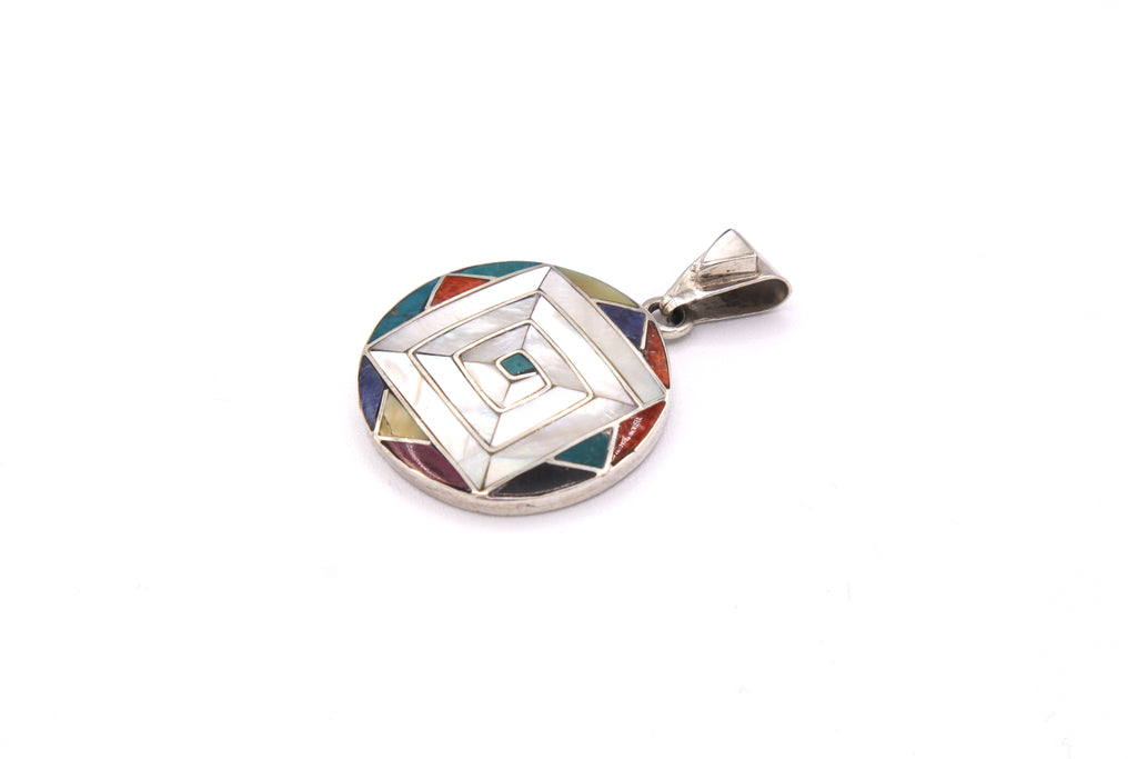 Andean Square Spiral Silver Inlay Pendant