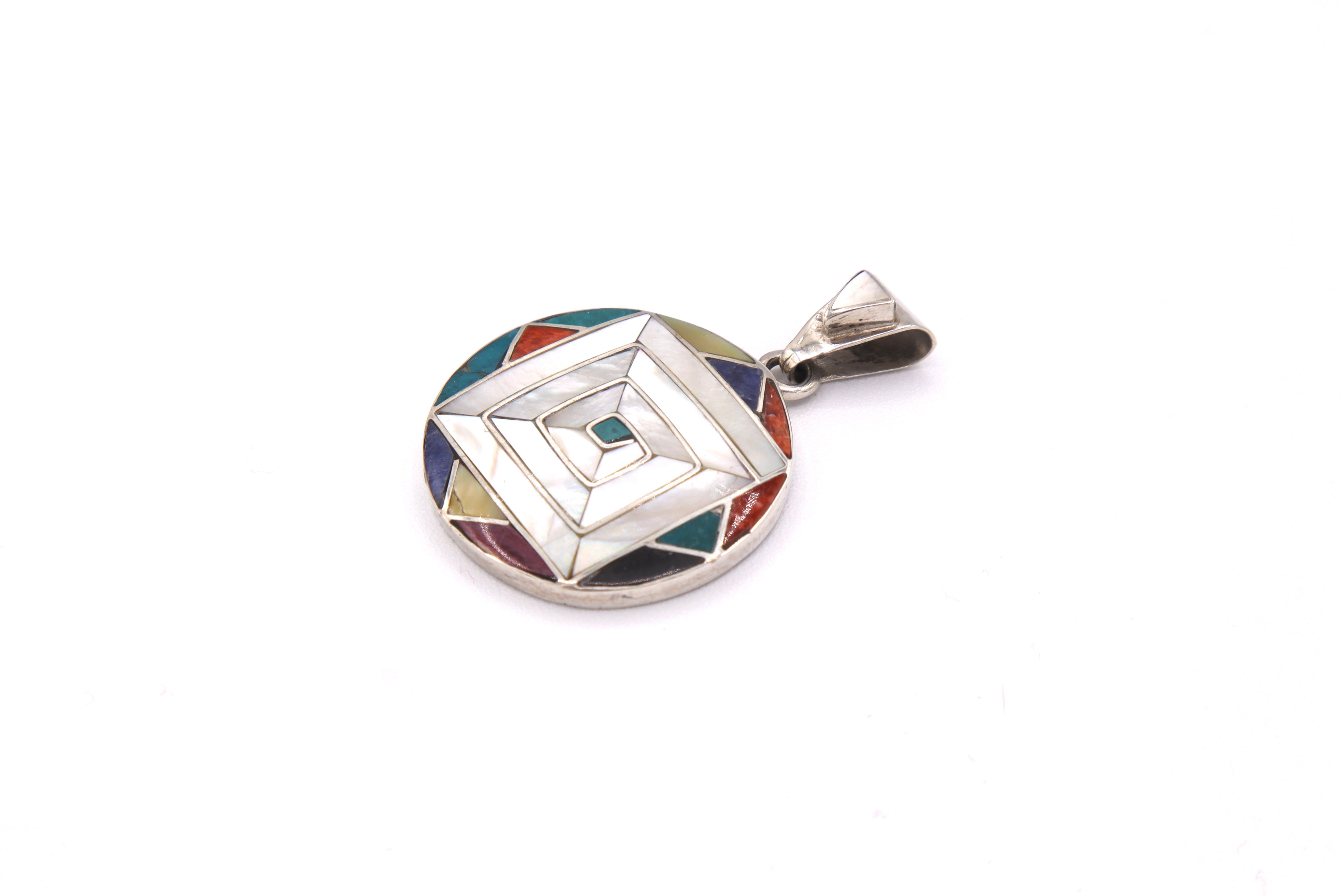 Andean Square Spiral Silver Inlay Pendant