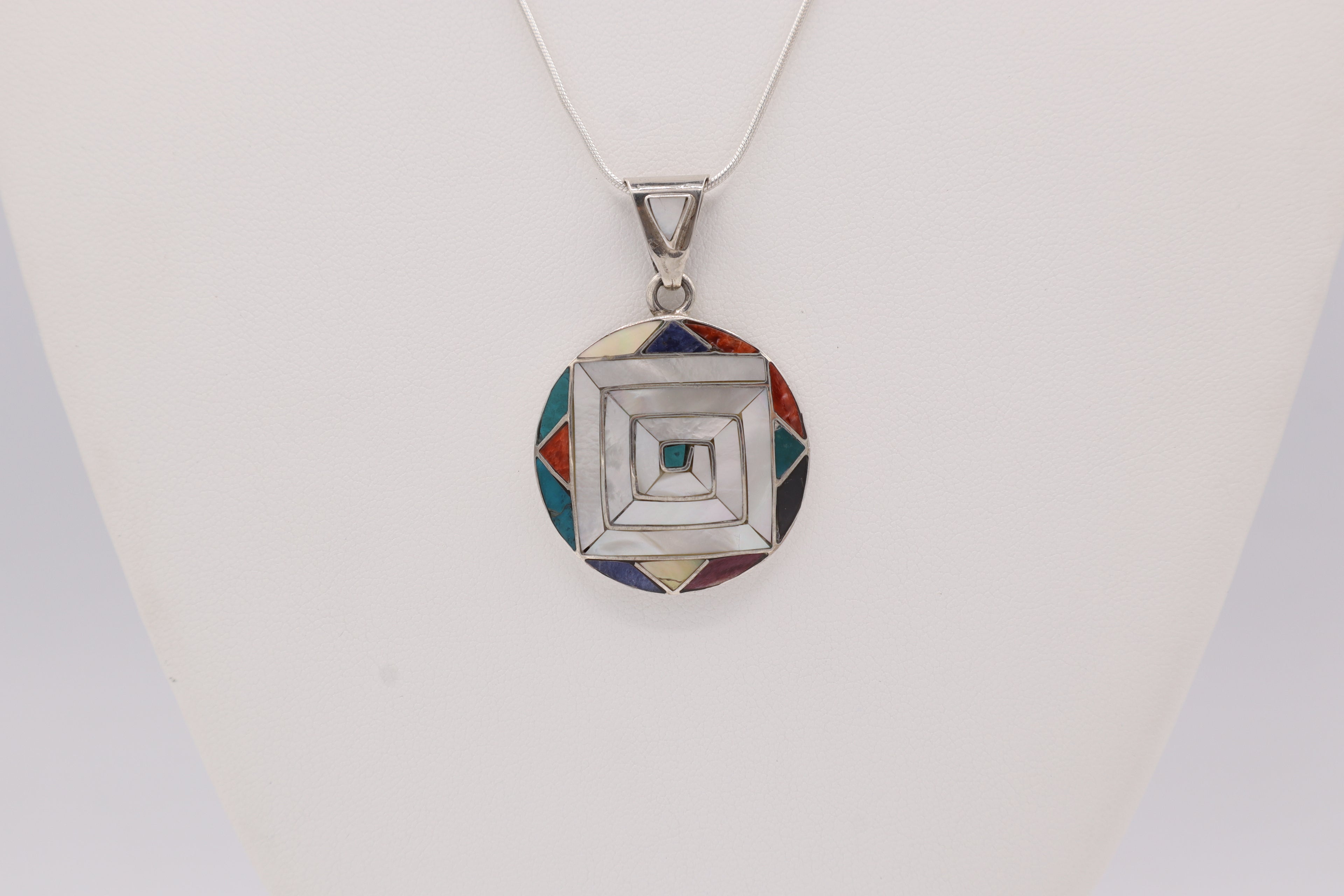 Andean Square Spiral Silver Inlay Pendant