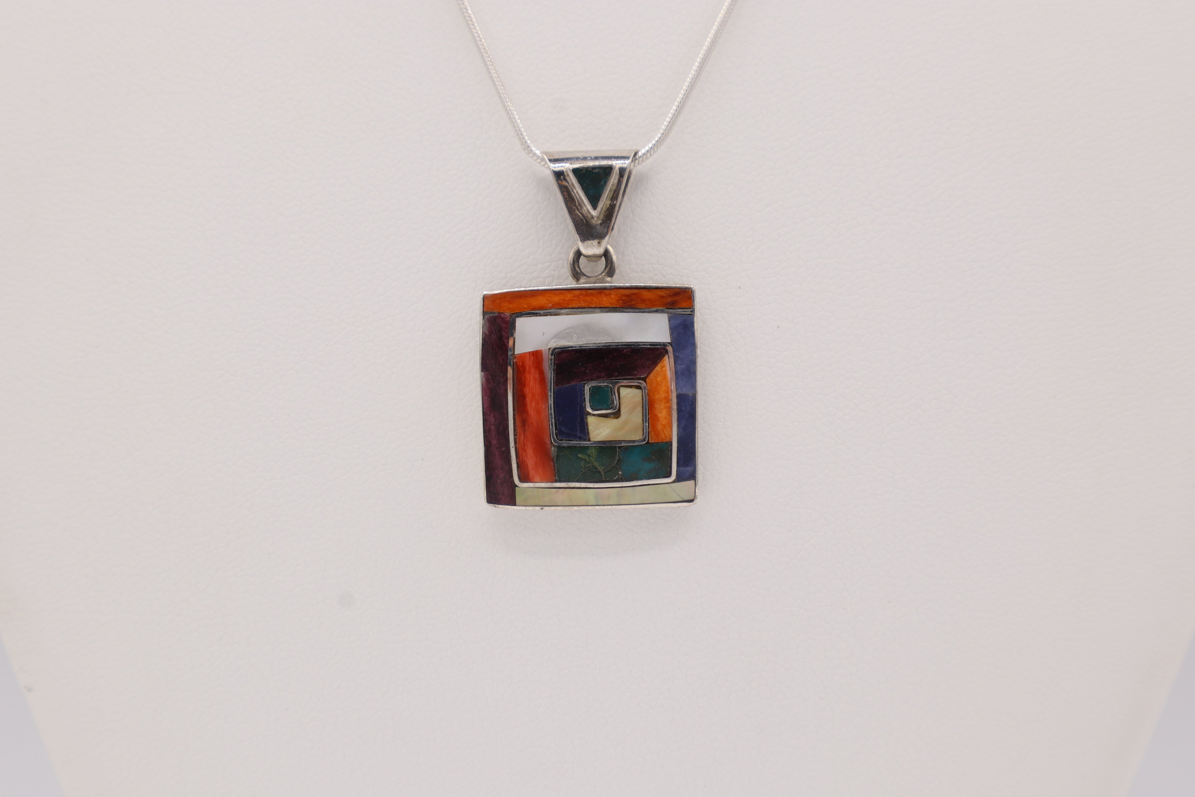 Andean Square Spiral Silver Inlay Pendant