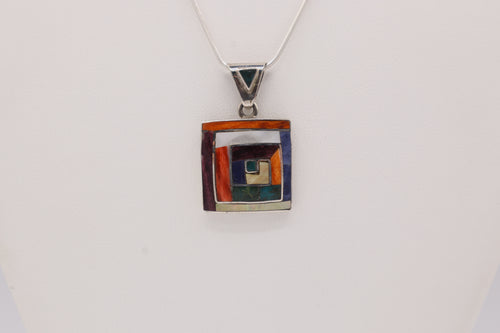 Andean Square Spiral Silver Inlay Pendant