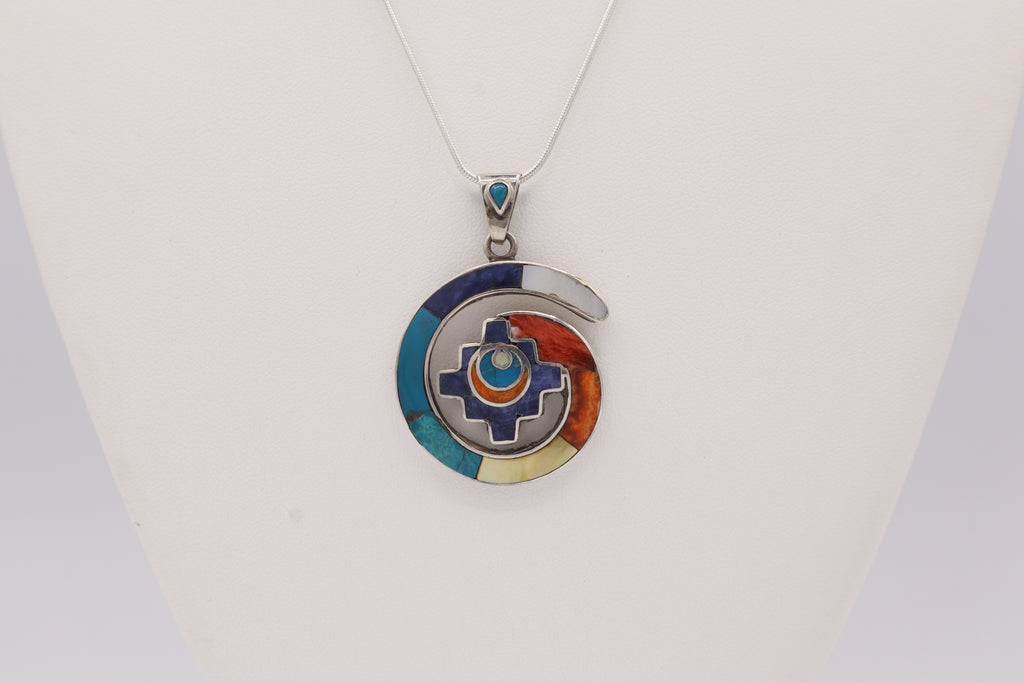 Chakana Spiral Silver Inlay Pendant