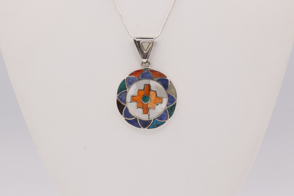 Chakana Flower Mandala Silver Inlay Pendant