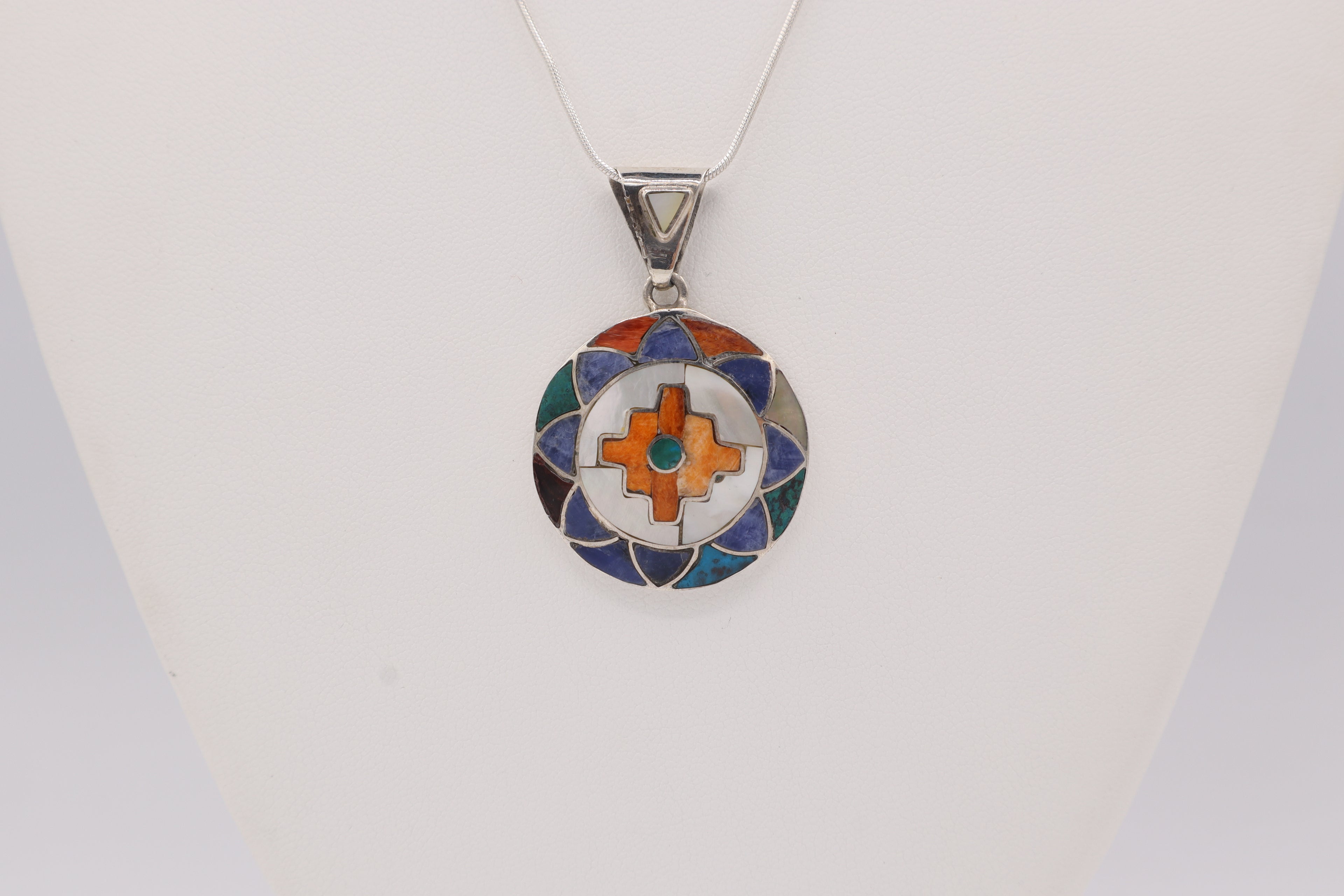 Chakana Flower Mandala Silver Inlay Pendant