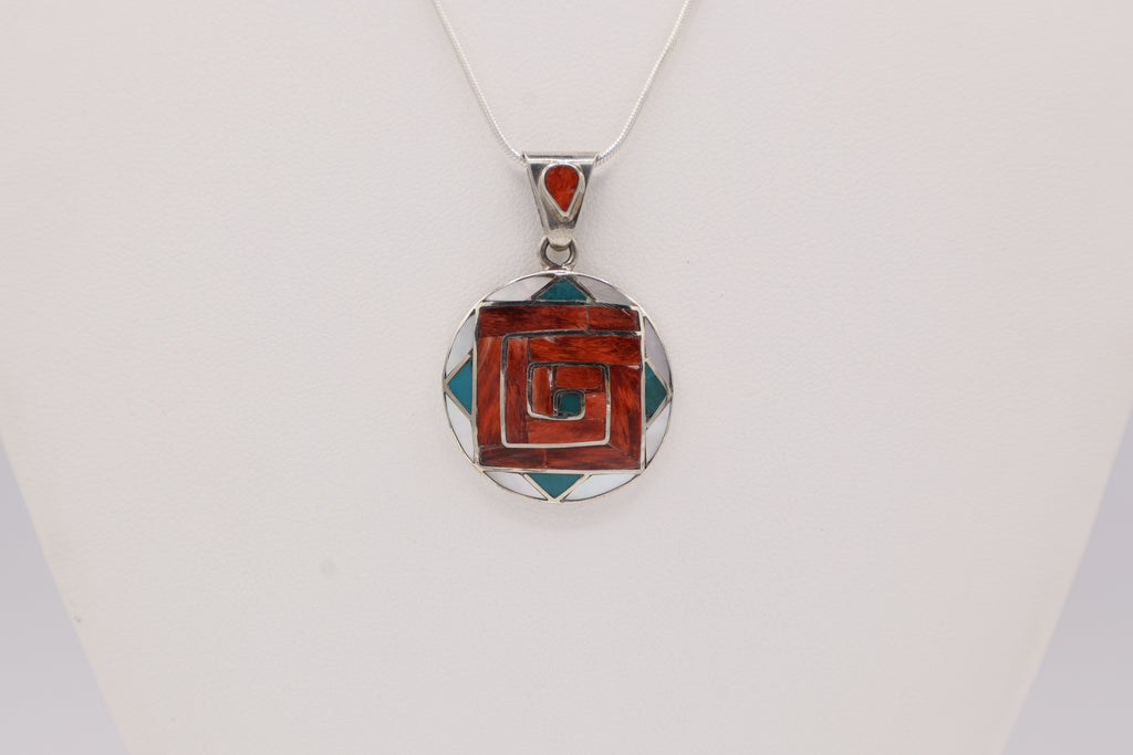 Andean Square Spiral Silver Inlay Pendant