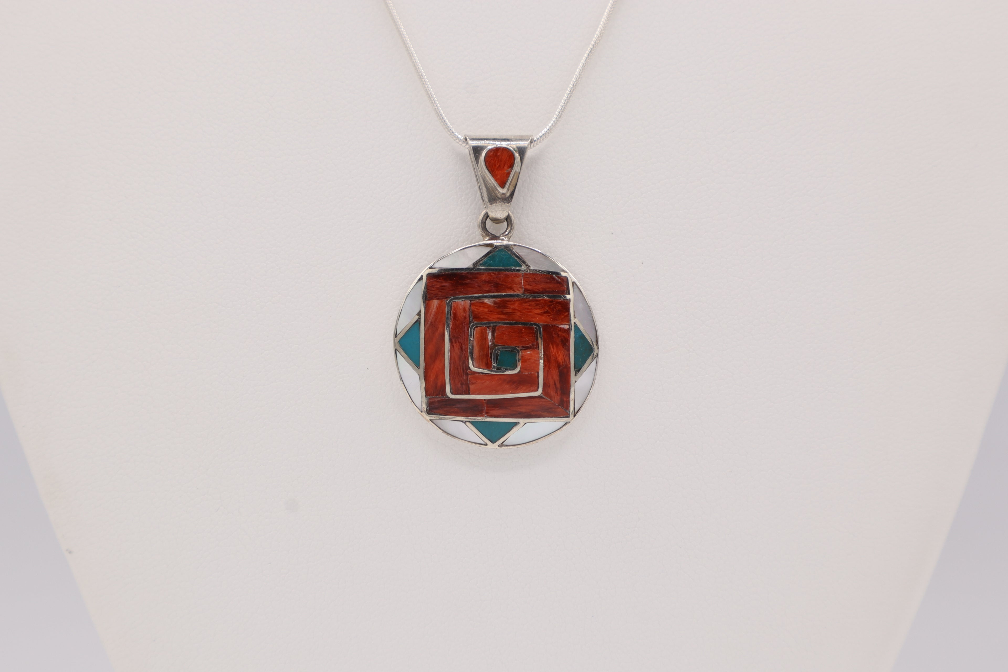 Andean Square Spiral Silver Inlay Pendant