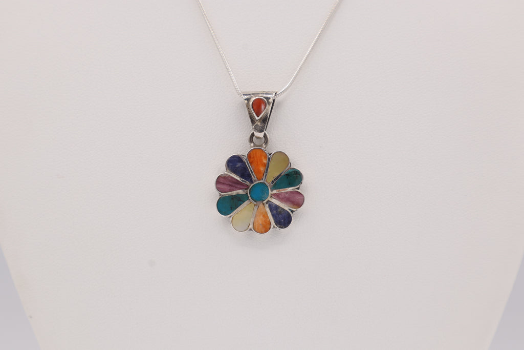 Rainbow Daisy Silver Inlay Pendant
