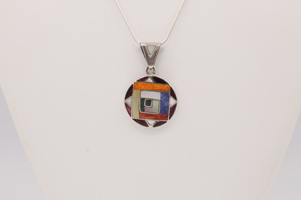 Andean Square Spiral Silver Inlay Pendant