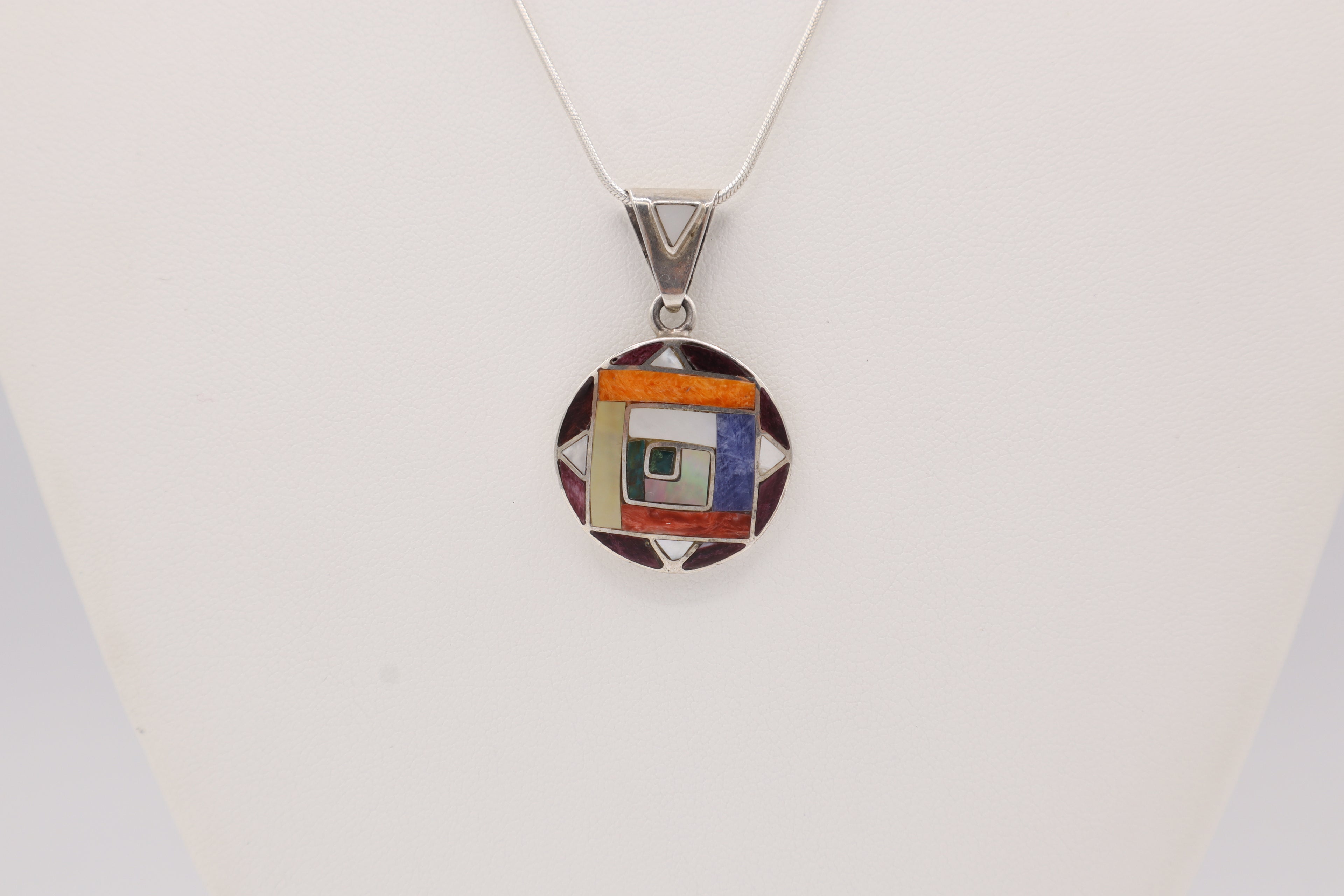 Andean Square Spiral Silver Inlay Pendant