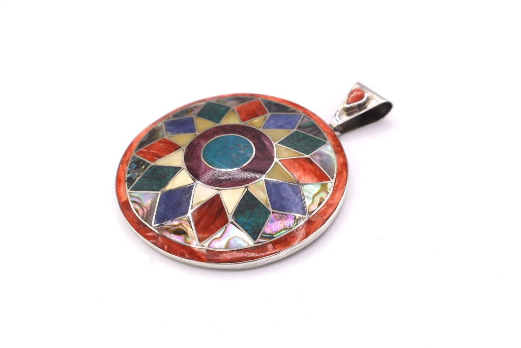 Sun Wheel Silver Inlay Pendant