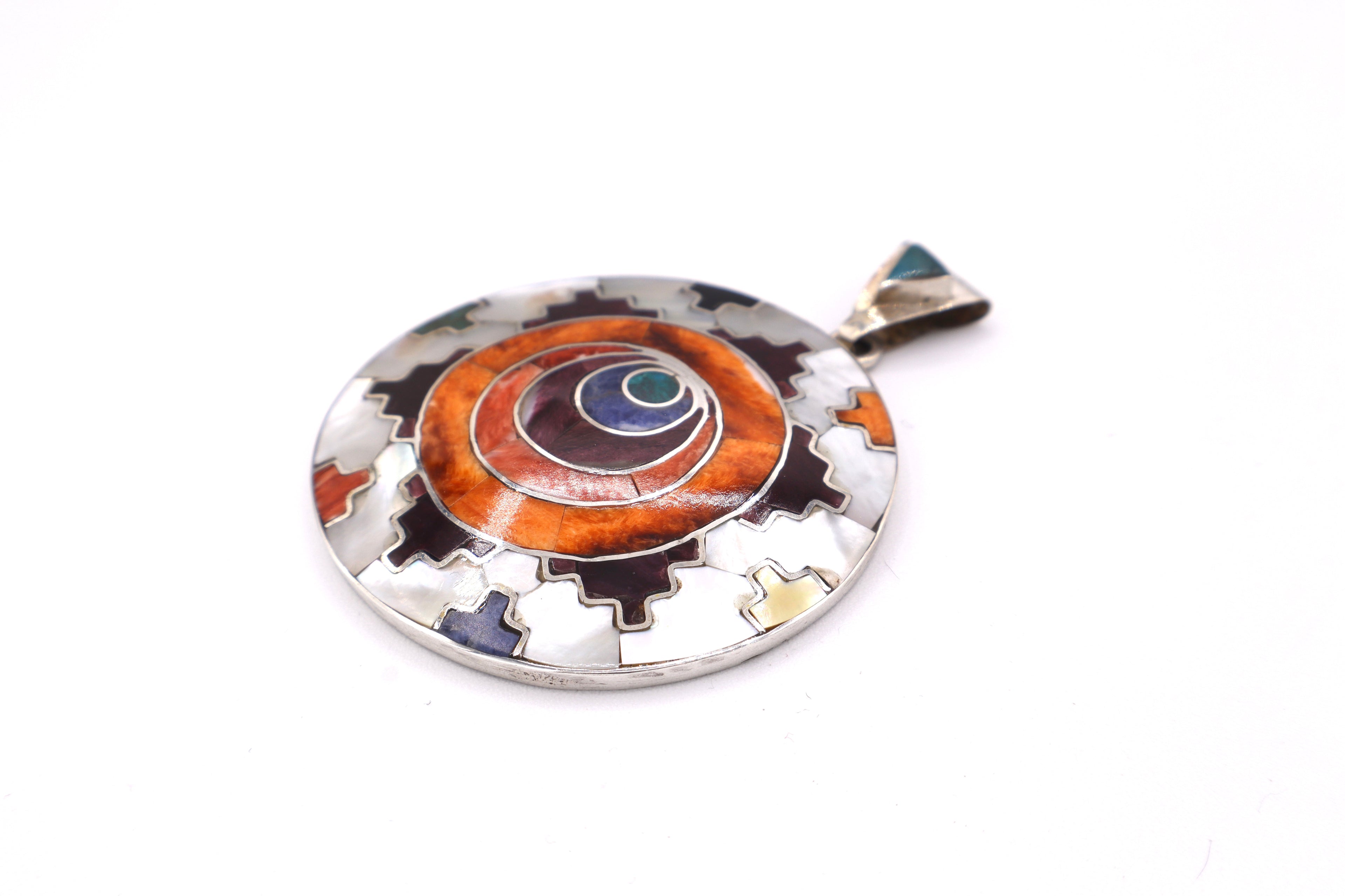 Chakana Spiral Circle Silver Inlay Pendant
