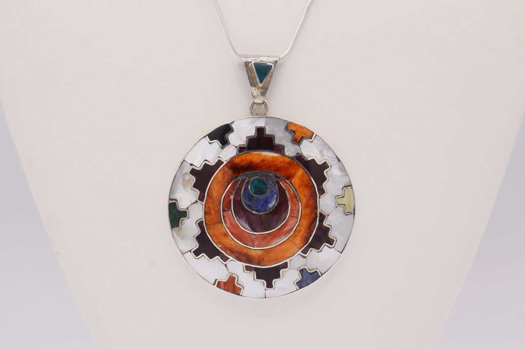 Chakana Spiral Circle Silver Inlay Pendant