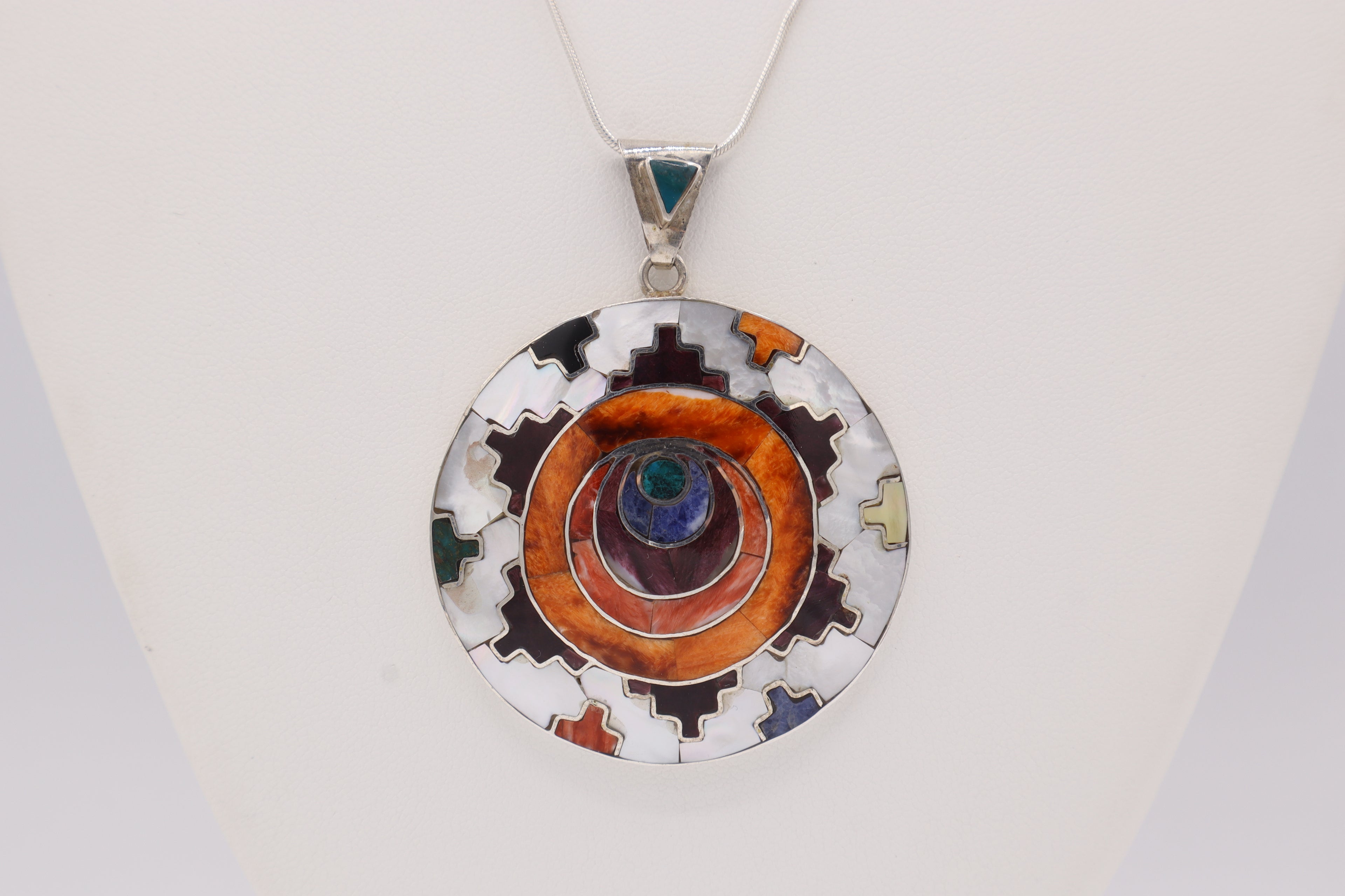 Chakana Spiral Circle Silver Inlay Pendant