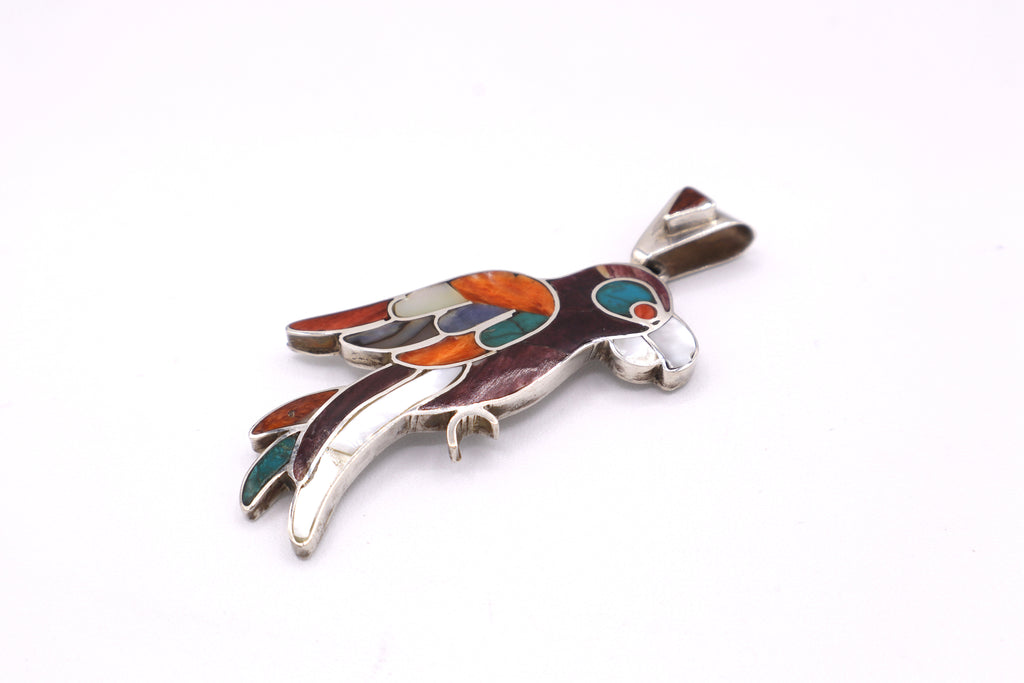 Parrot Silver Inlay Pendant – Purple Spiny Oyster & Orange Spiny Oyster