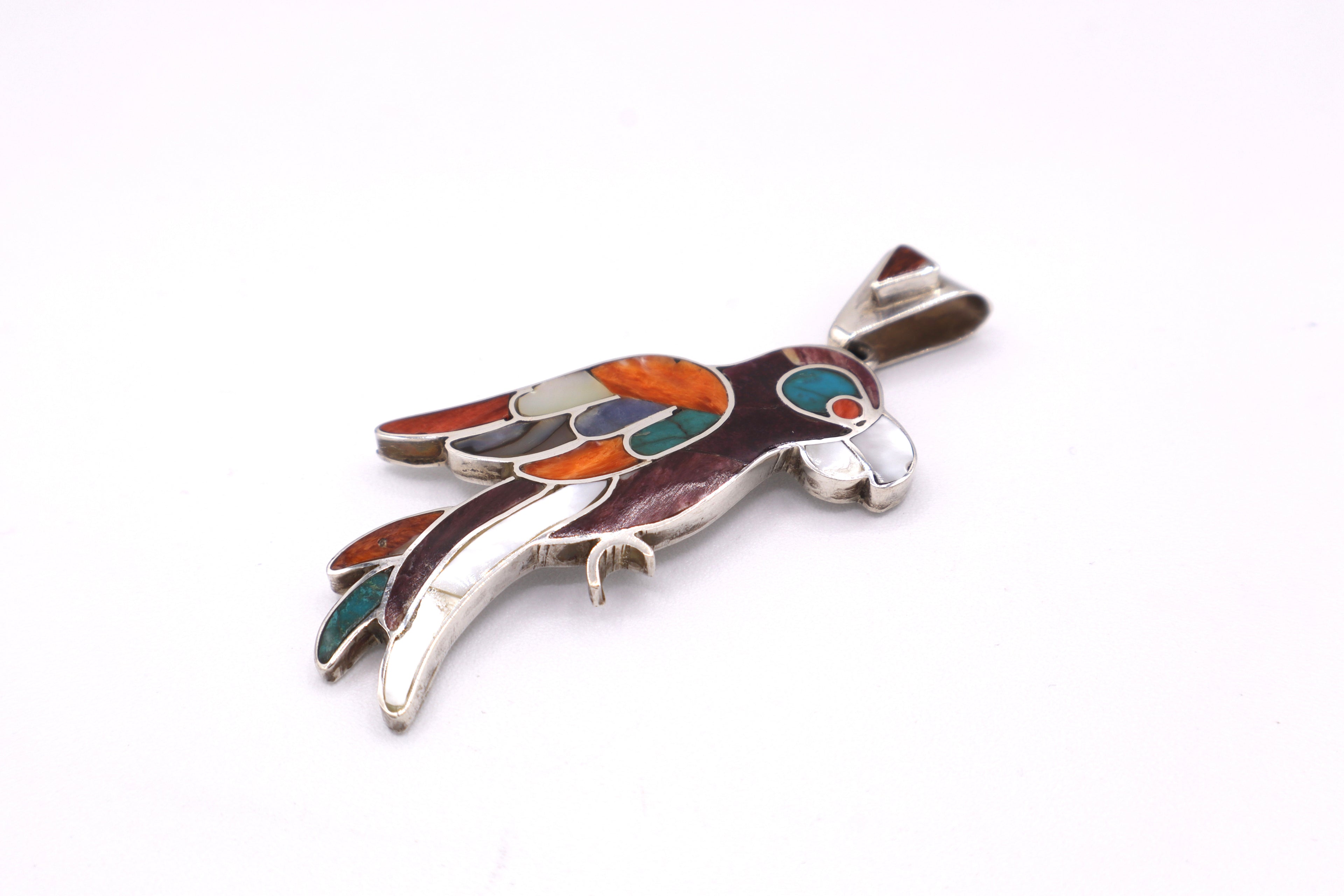 Parrot Silver Inlay Pendant – Purple Spiny Oyster & Orange Spiny Oyster
