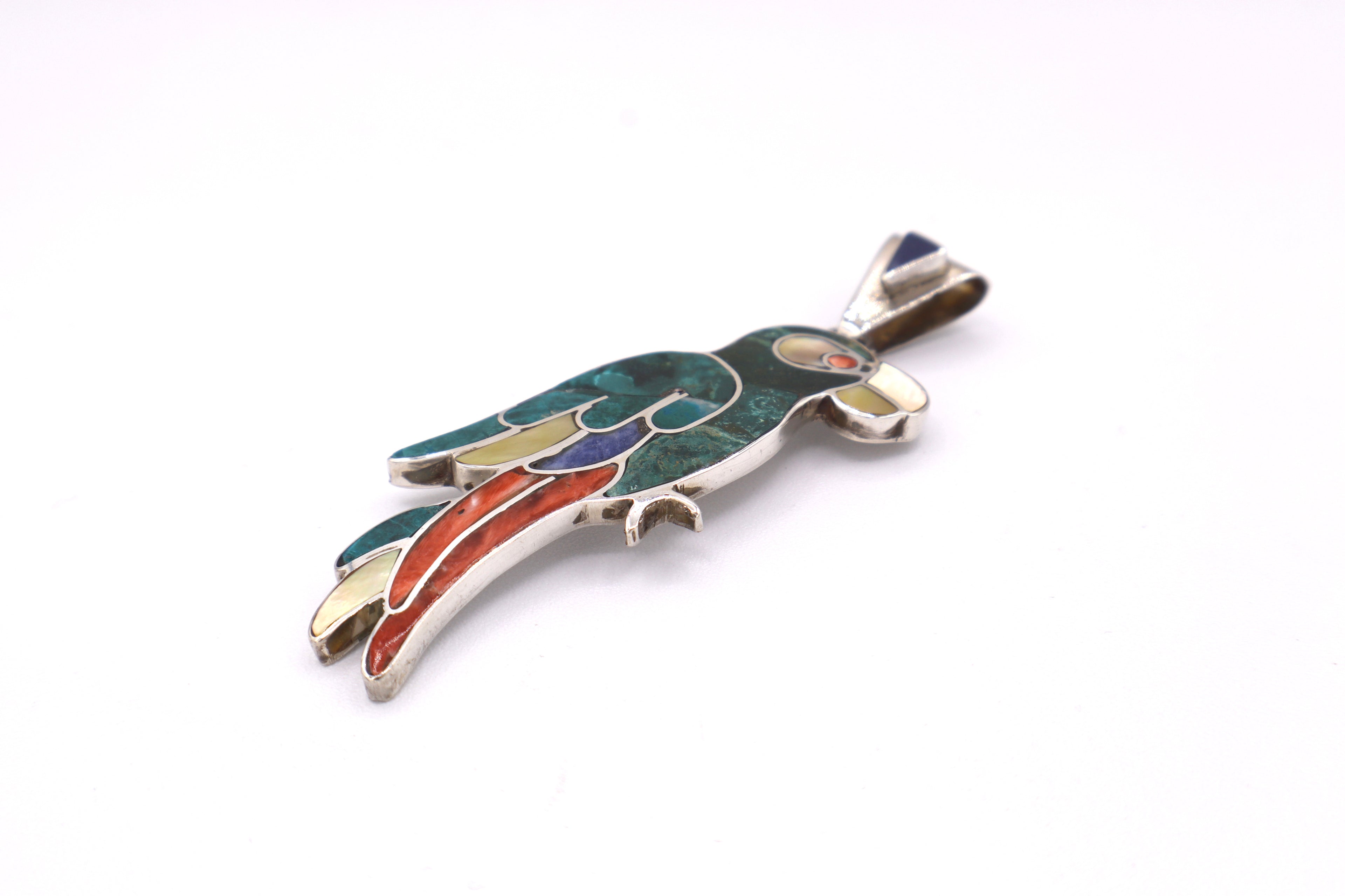 Parrot Silver Inlay Pendant – Chrysocolla & Sodalite