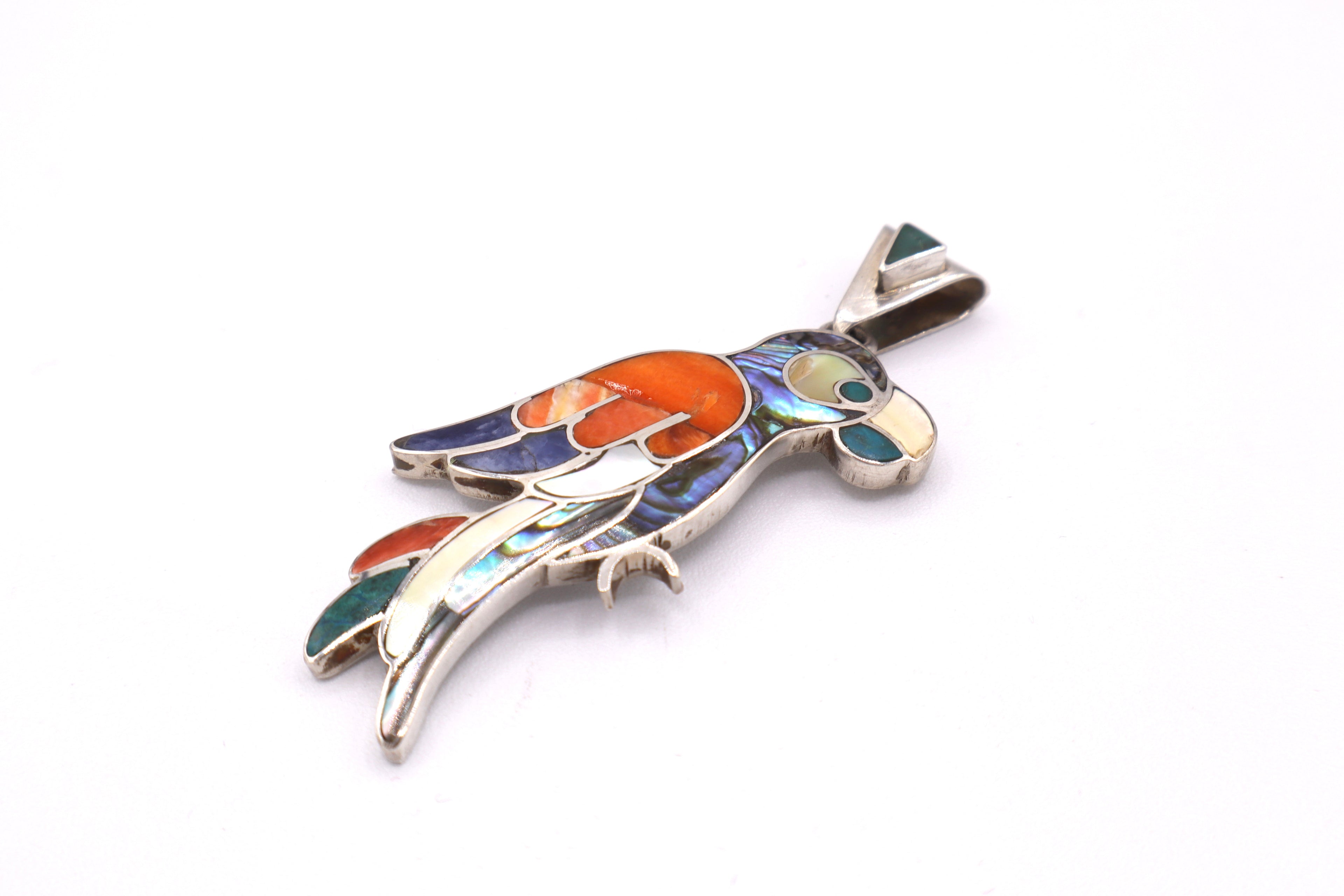 Parrot Silver Inlay Pendant – Abalone & Orange Spiny Oyster