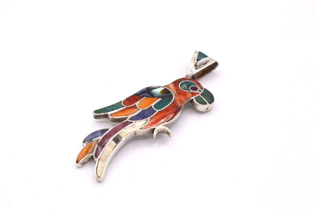 Parrot Silver Inlay Pendant – Red Spiny Oyster & Abalone