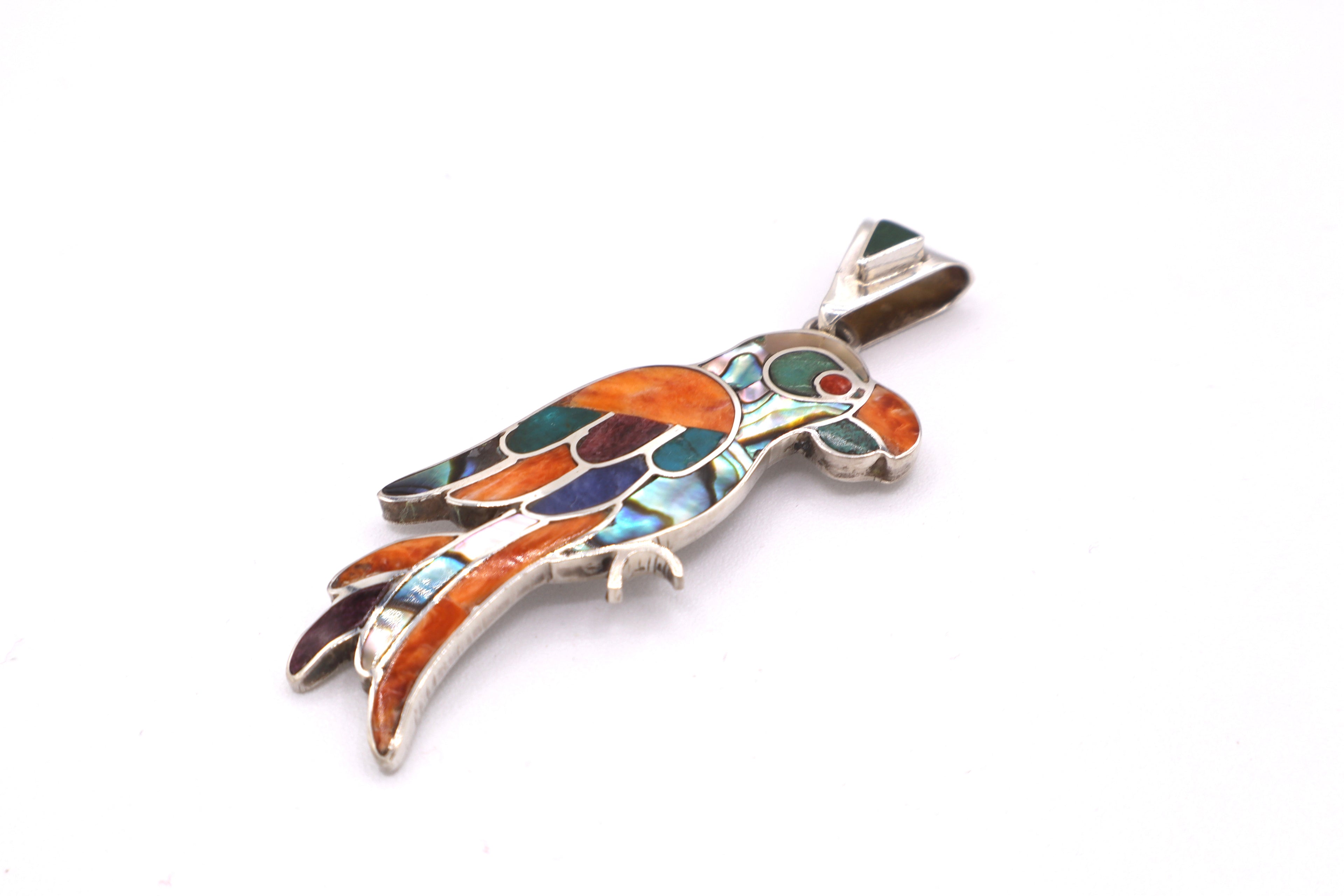 Parrot Silver Inlay Pendant – Orange Spiny Oyster & Abalone Shell