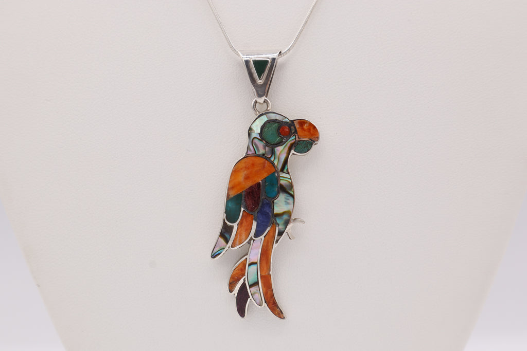 Parrot Silver Inlay Pendant – Orange Spiny Oyster & Abalone Shell