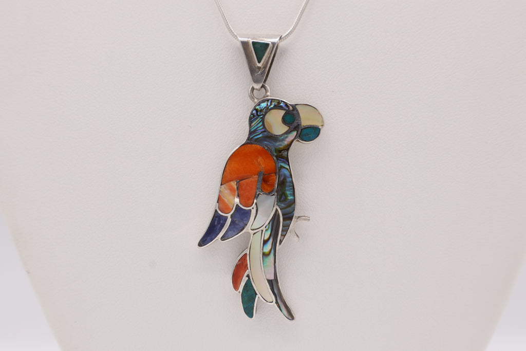 Parrot Silver Inlay Pendant – Abalone & Orange Spiny Oyster