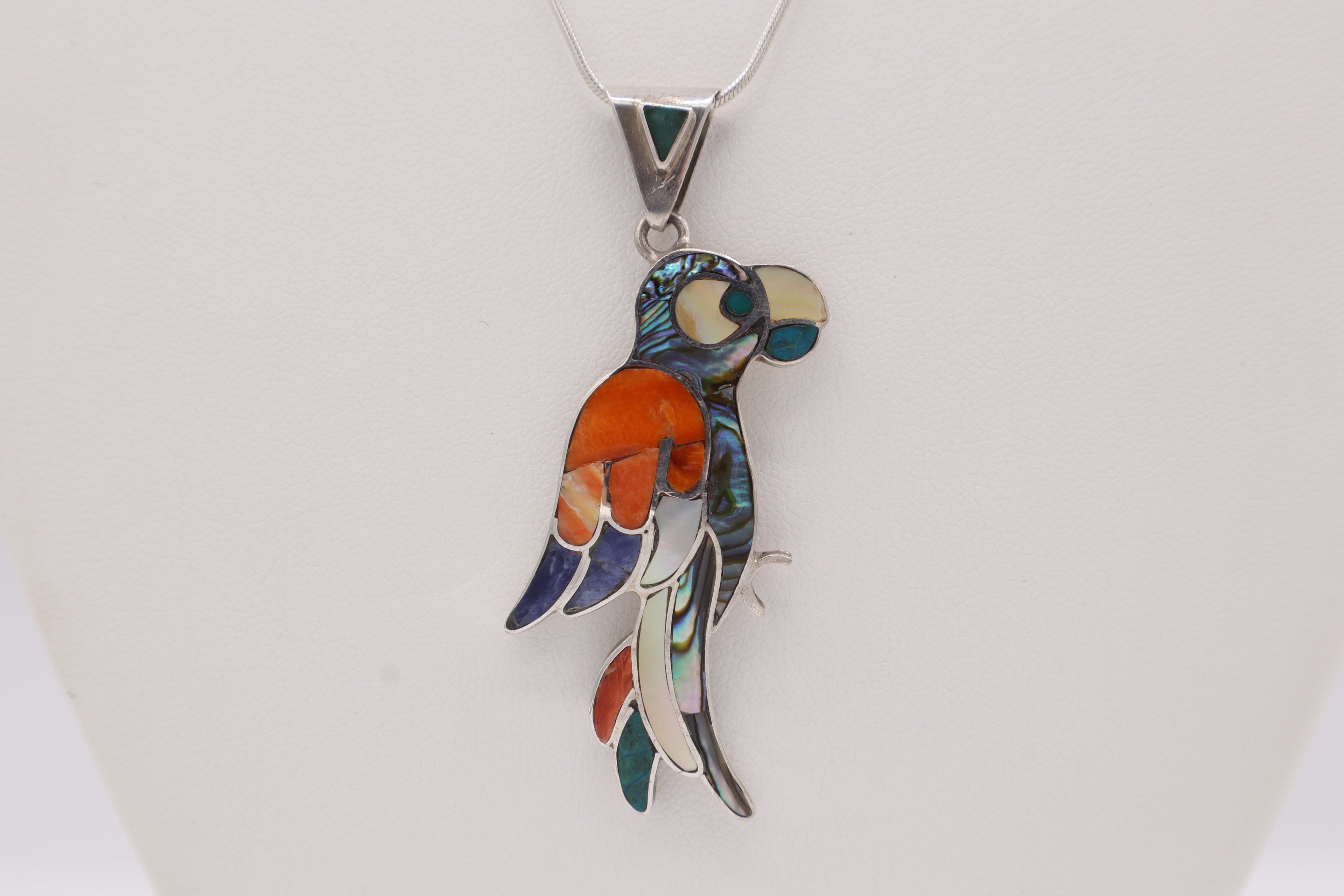 Parrot Silver Inlay Pendant – Abalone & Orange Spiny Oyster