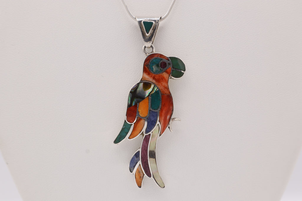 Parrot Silver Inlay Pendant – Red Spiny Oyster & Abalone