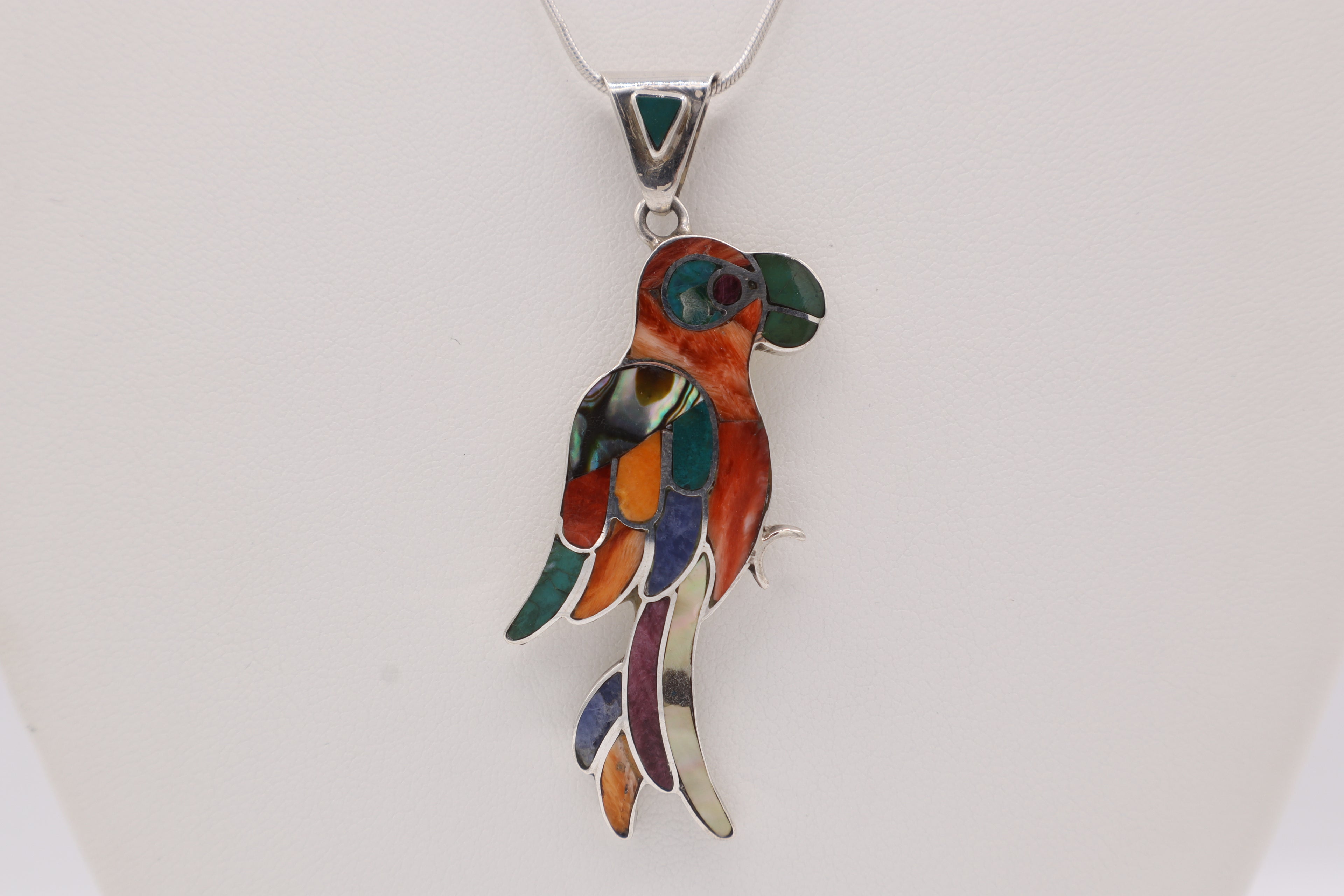 Parrot Silver Inlay Pendant – Red Spiny Oyster & Abalone