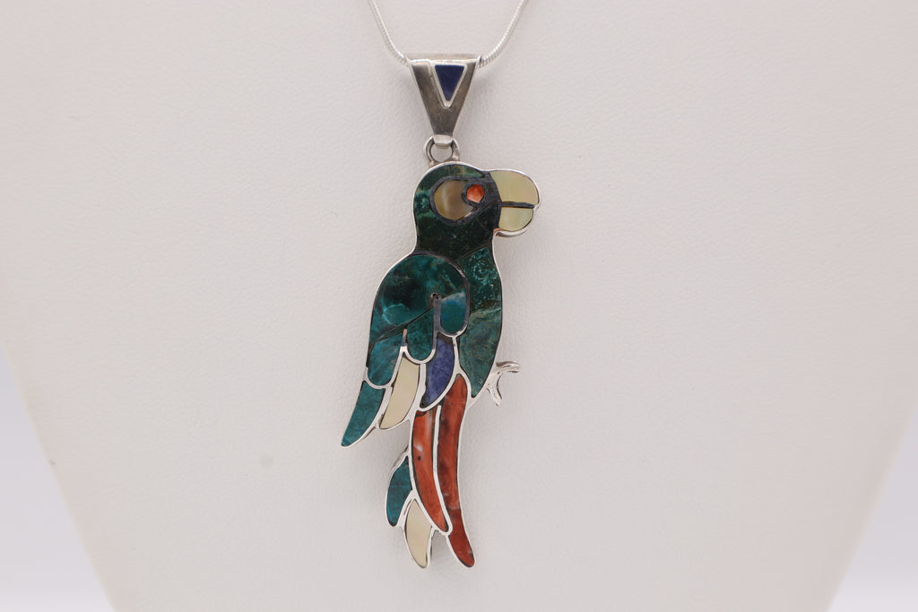 Parrot Silver Inlay Pendant – Chrysocolla & Sodalite