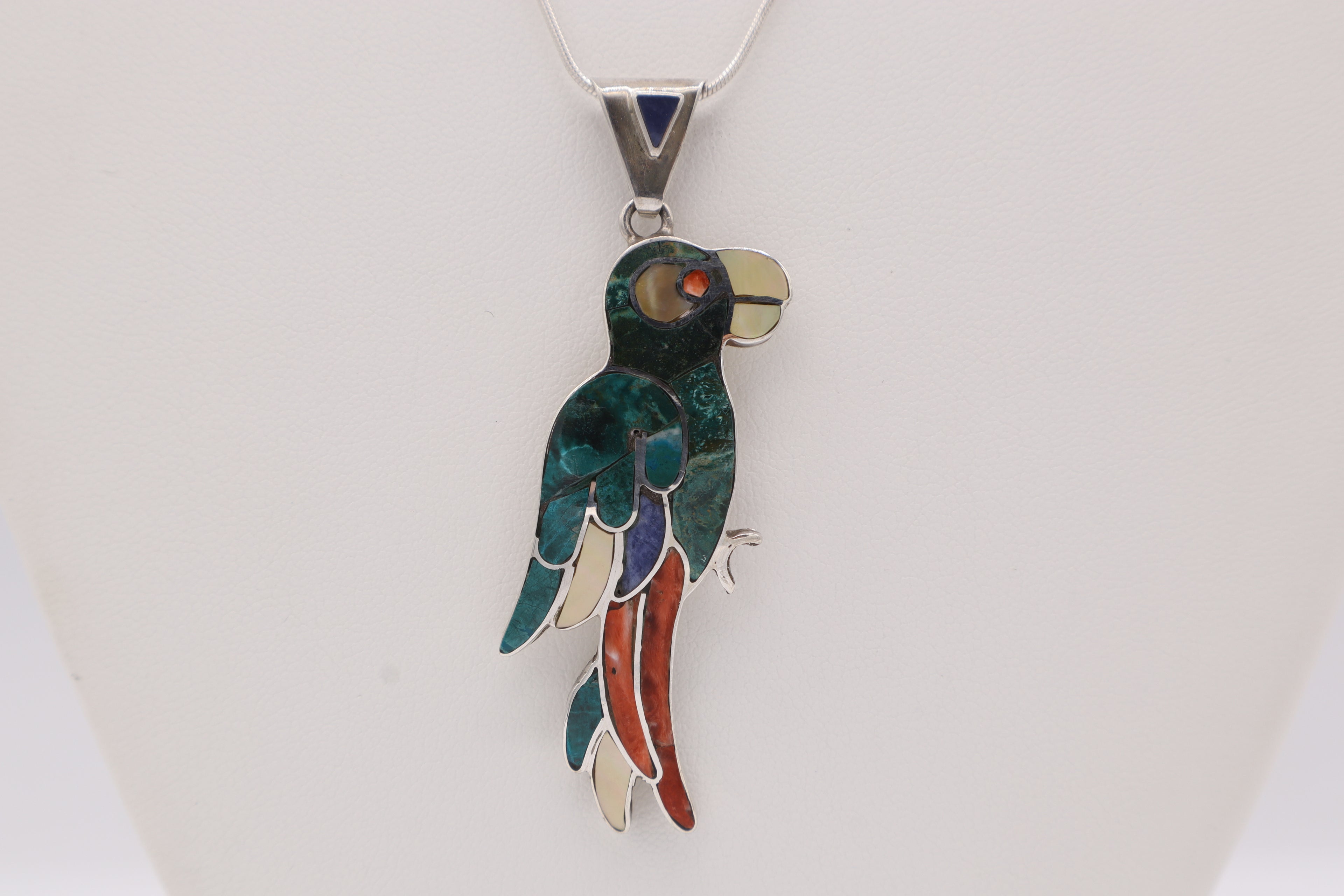 Parrot Silver Inlay Pendant – Chrysocolla & Sodalite