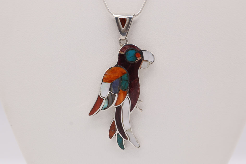 Parrot Silver Inlay Pendant – Purple Spiny Oyster & Orange Spiny Oyster