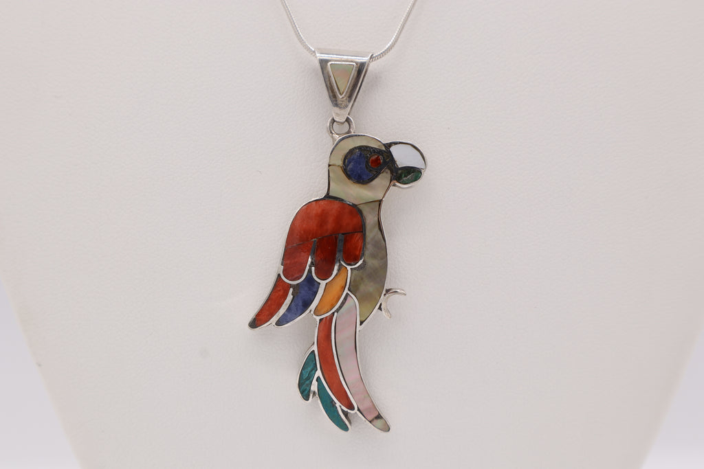 Parrot Silver Inlay Pendant – Gold Mother of Pearl & Red Spiny Oyster